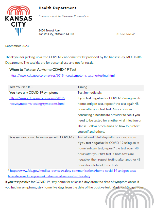 COVID Take Home Test Kits Letter from Health Department. Please call 816-513-6152 if you need more information.