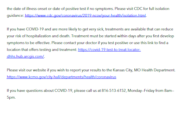 COVID Take Home Test Kits Letter Page Two. Call 816-513-6152 if you need more information.