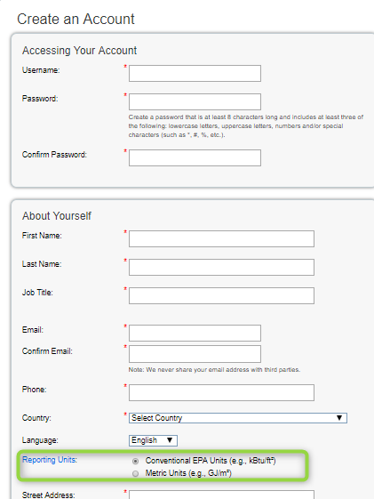 Energy Star Portfolio Manager, New Account Info