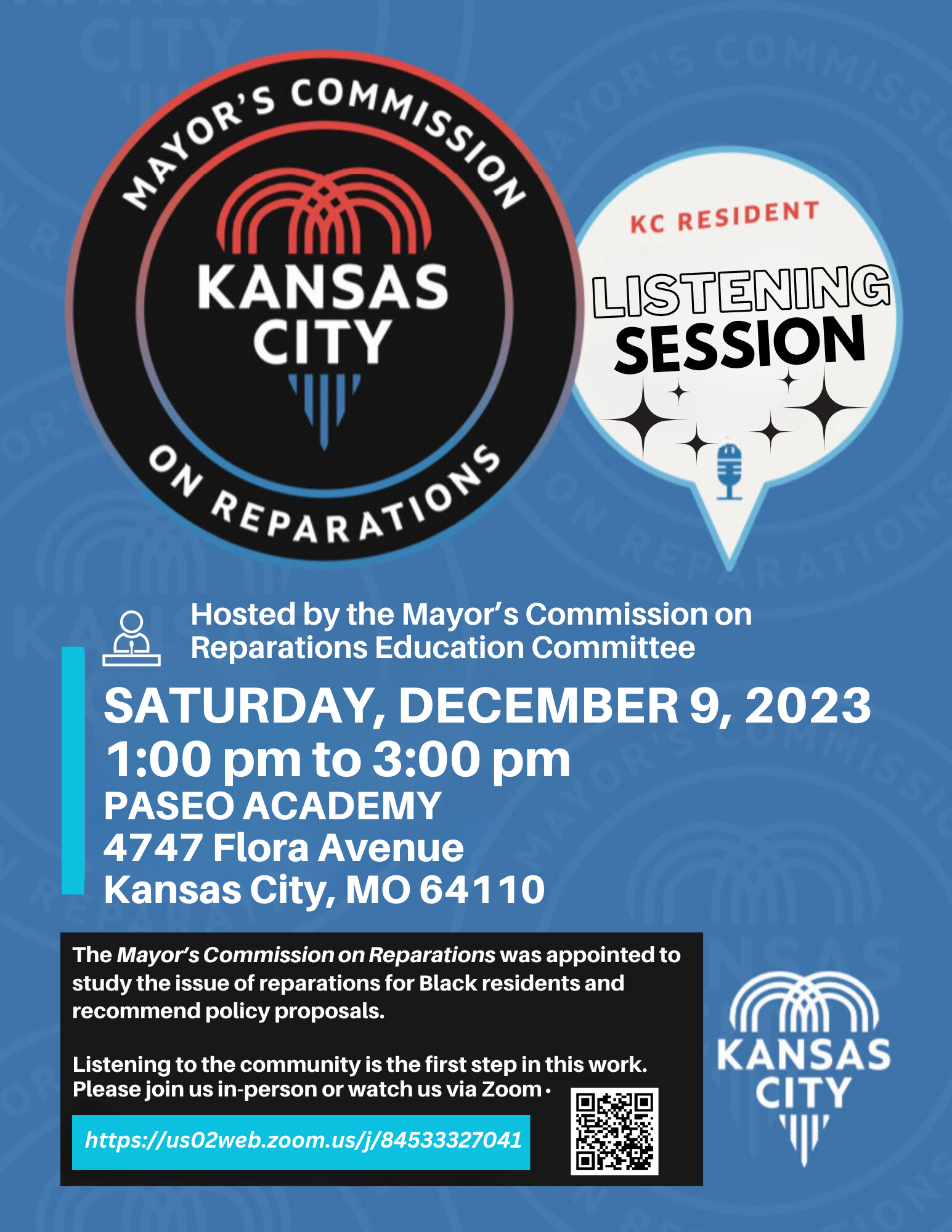 Mayor's Commission on Reparations Listening Session Dec.9 1 - 3 p.m. at Paseo Academy 474 Flora Ave. Zoom: https://us02web.zoom.us/j/84533327041