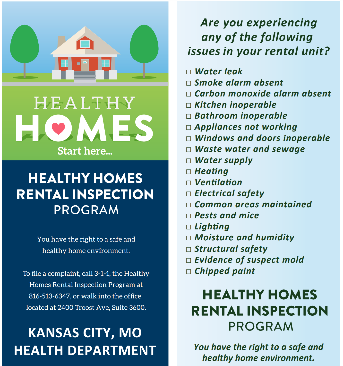 Healthy Homes partial flyer showing the most common complaints, such as water and sewage and mold issues, pest issues, electrical issues, etc. Please call 816-513-6464 for more information.