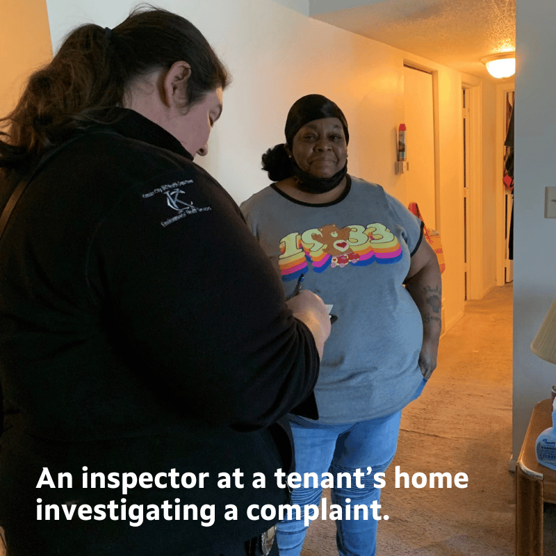 Picture shows a Healthy Homes inspector at a home for a complaint. Call 816-513-6464 for more information.