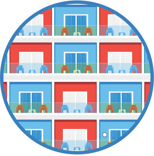 circle with illustration of various apartments