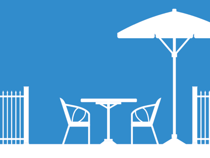 white outdoor dining image on blue background