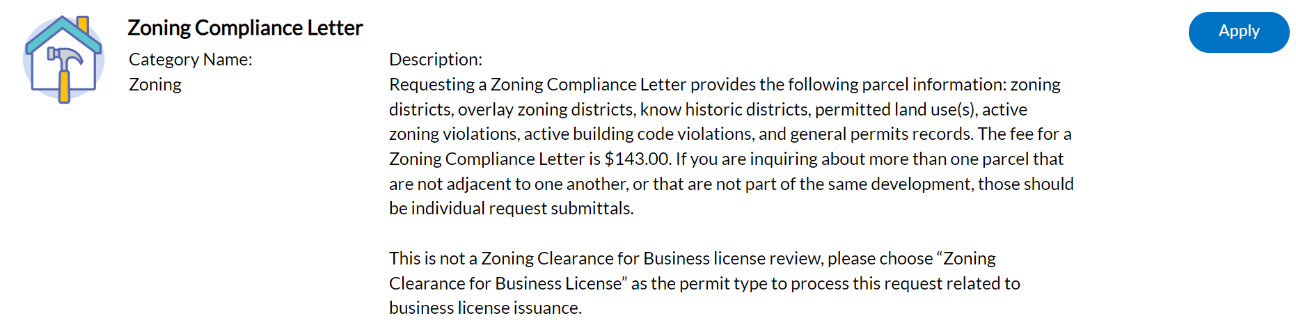 Screenshot of the Zoning Compliance Letter application that is on the Compass KC website.