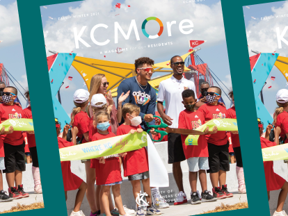 KCMOre Fall Winter 2021 cover with Patrick Mahomes cutting the ribbon on the new playground at MLK Park