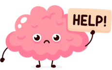 Cartoon picture of a sad brain with a help sign